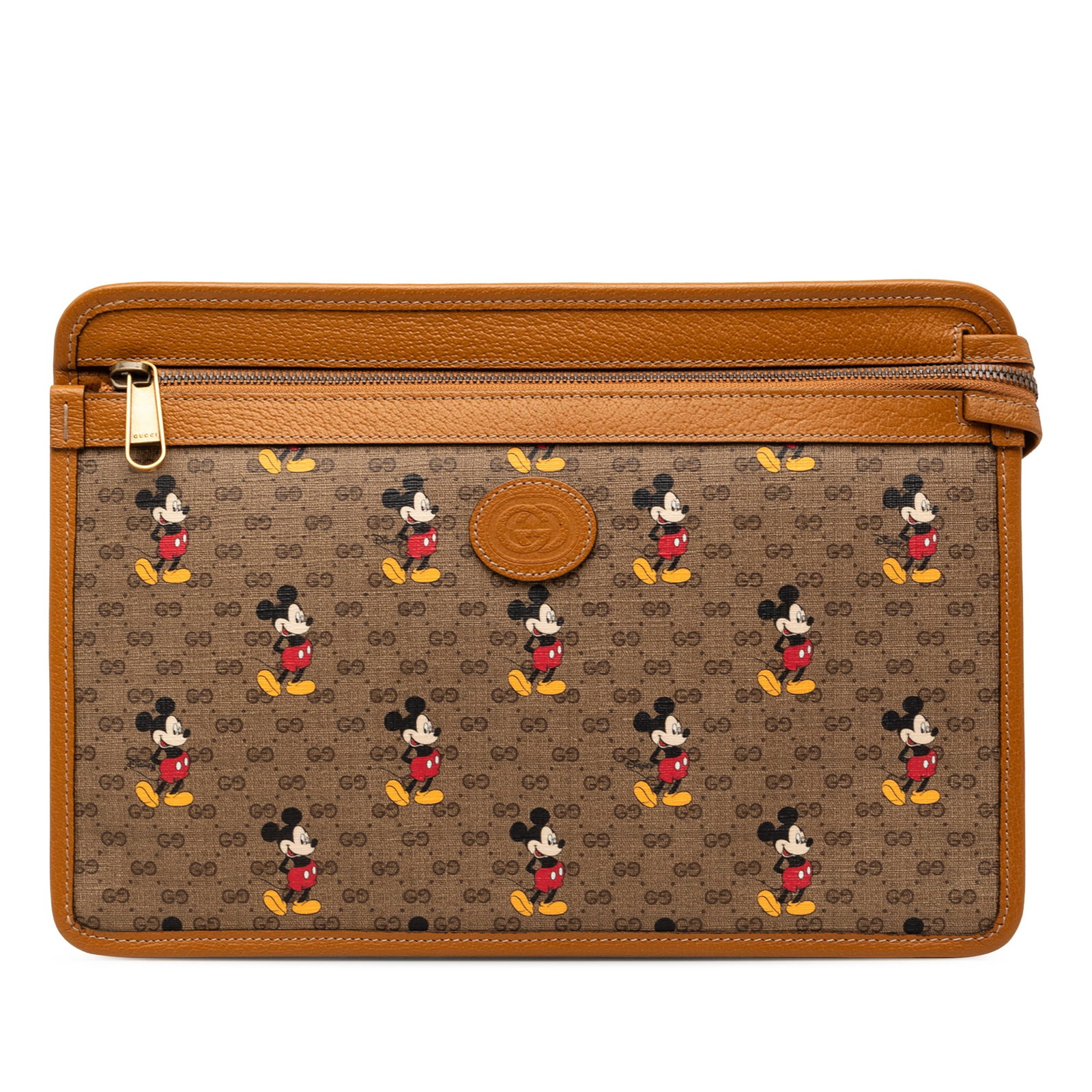 Disney Mickey Mouse Micro GG Supreme Clutch by Gucci: Disney Mickey Mouse Micro GG Supreme Clutch by Gucci This Gucci Disney Micro GG Supreme Mickey Mouse Clutch features a coated canvas exterior with leather trim, a front zip closure, and interior slip 