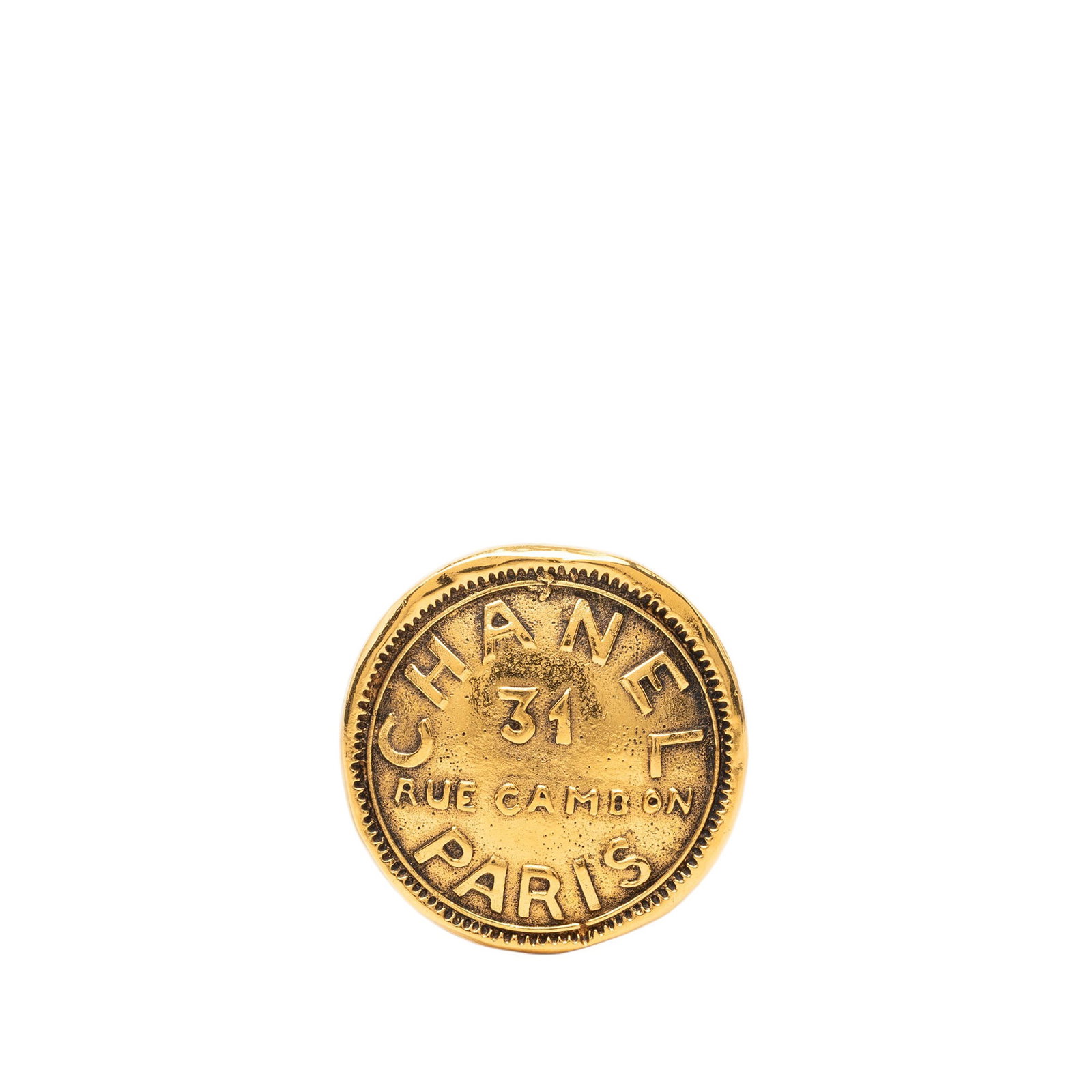 Chanel 31 Rue Cambon CC Gold Plated Brooch: Chanel 31 Rue Cambon CC Gold Plated Brooch Chanel CC 31 Rue Cambon brooch in gold-plated metal with a back pin closure. Made in France, this costume jewelry piece features visible wear including disco