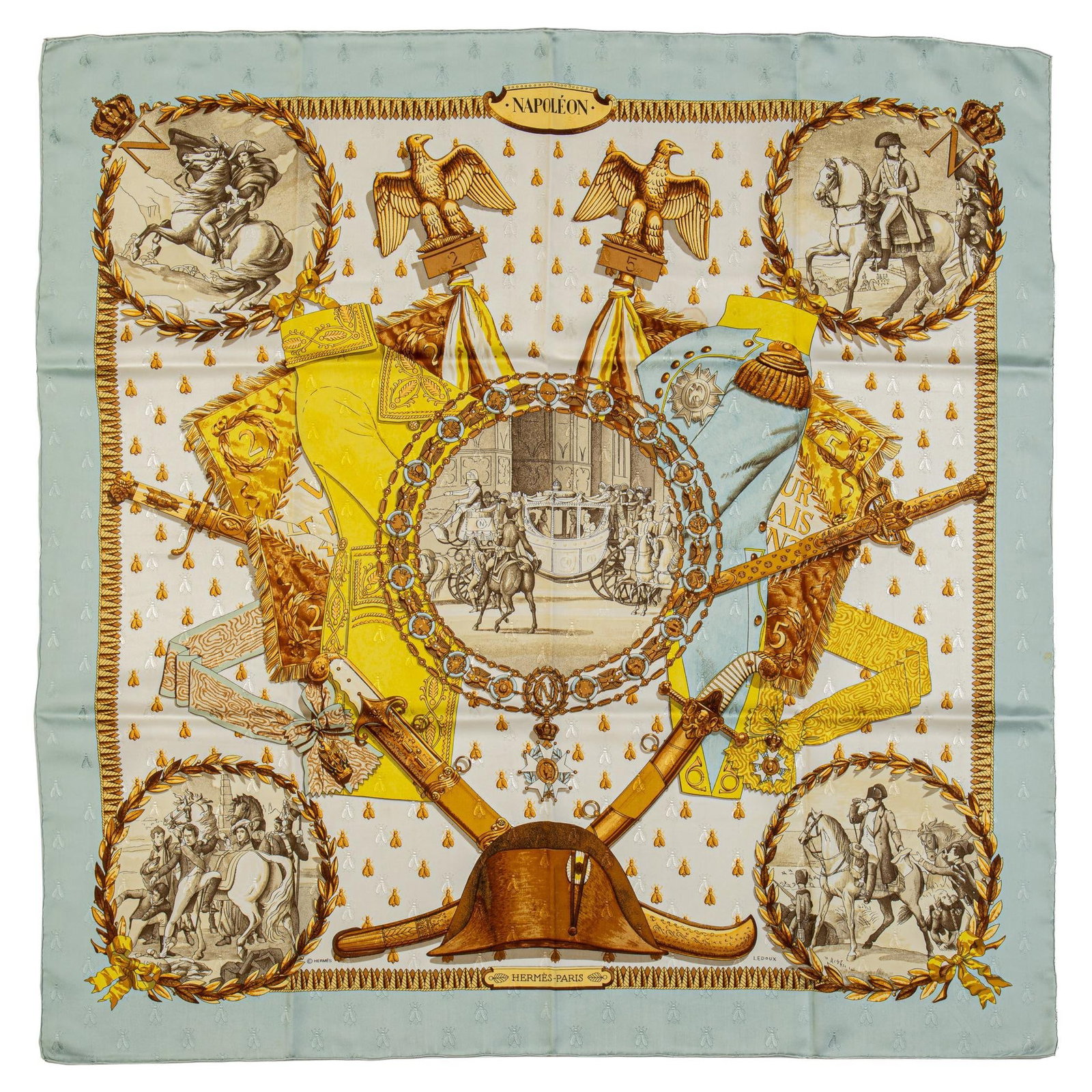Hermes Napoleon Celest 35in Silk Scarf with Hand-Rolled Edges: Hermes Napoleon Celest 35in Silk Scarf with Hand-Rolled Edges Introducing the exquisite Hermes Napoleon Celest Silk Scarf, a luxurious accessory crafted from 100% silk twill. This elegant scarf featur