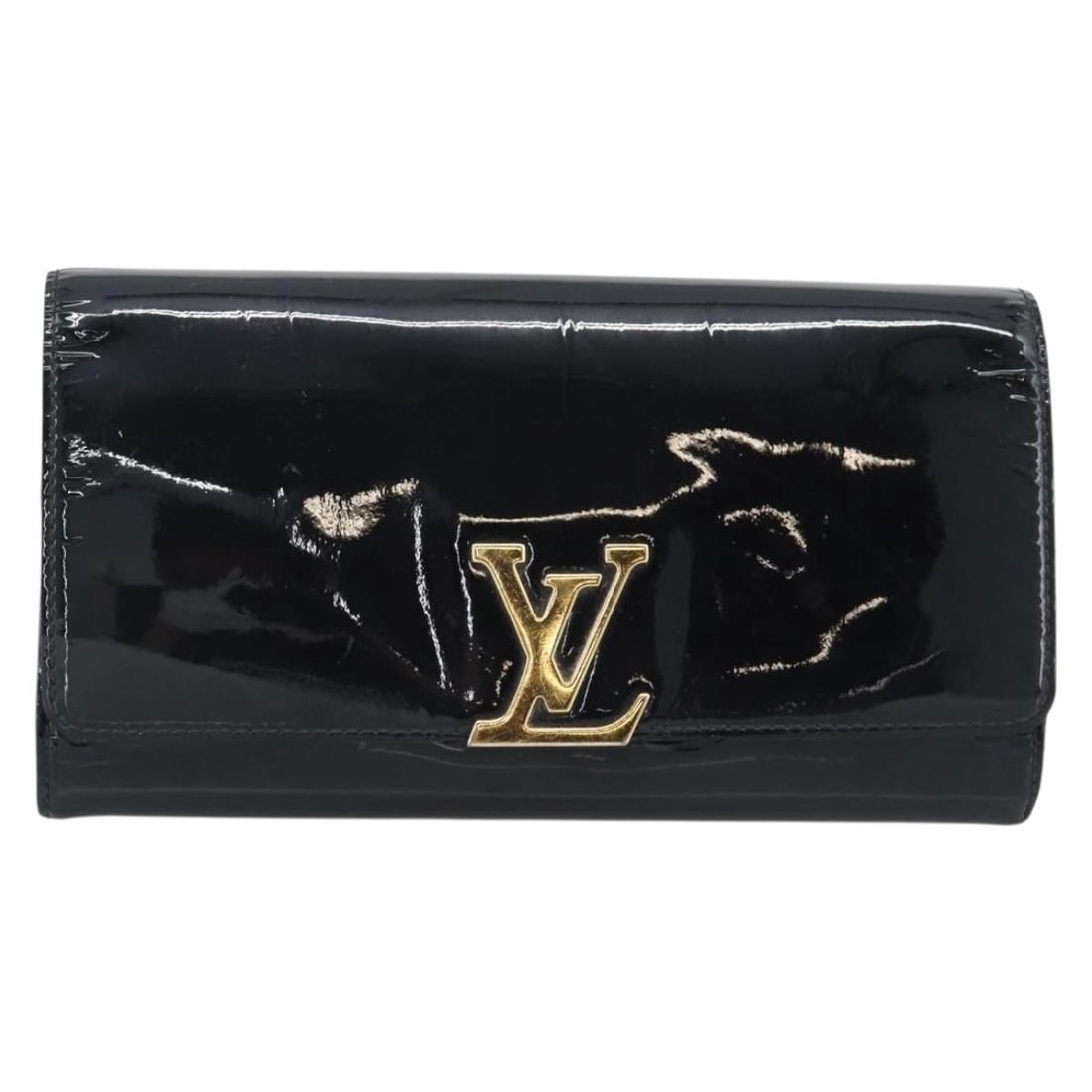 Louis Vuitton Louise Clutch in Black Patent Leather: Louis Vuitton Louise Clutch in Black Patent Leather Louis Vuitton Louise Clutch in black patent leather. This women's clutch shows overall fair, worn condition with light wear and marks to the exterio