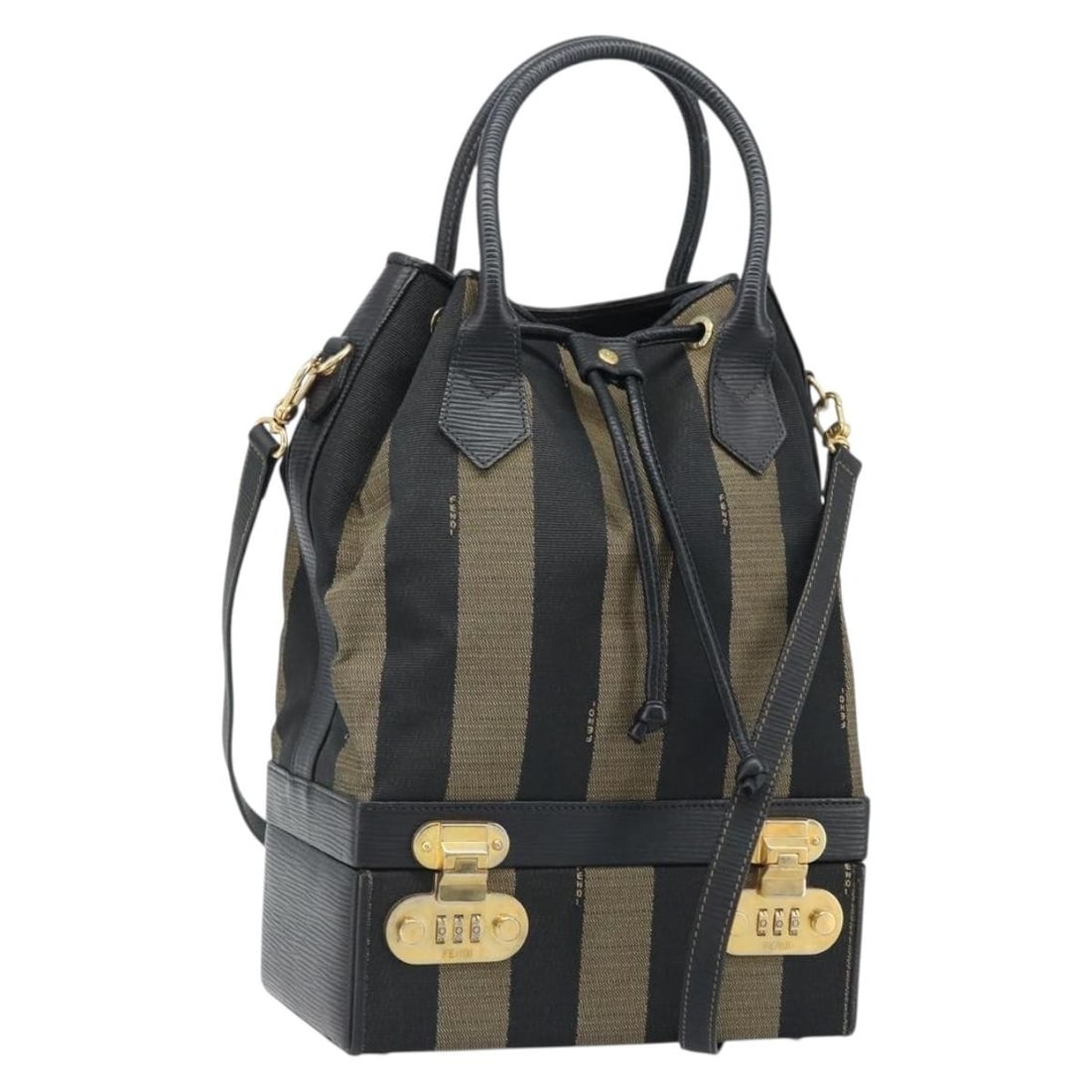 FENDI Pequin Canvas 2way Handbag Black Brown PVC Leather: FENDI Pequin Canvas 2way Handbag Black Brown PVC Leather Authentic FENDI 2-way handbag in black and brown Pequin canvas with PVC leather trim. This women's bag includes a shoulder strap and can be car