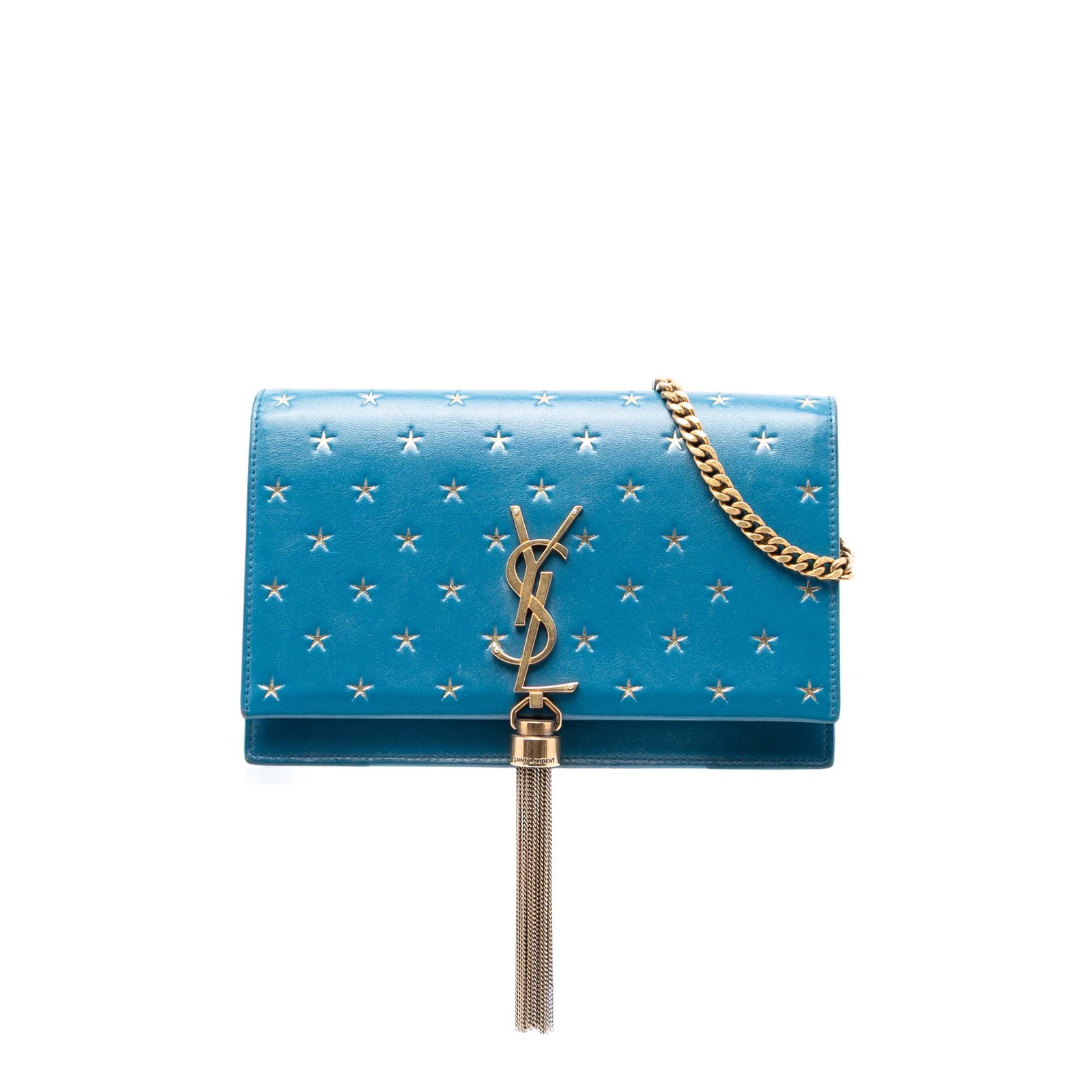 Saint Laurent Kate blue calfskin wallet on chain tassel: Saint Laurent Kate blue calfskin wallet on chain tassel This Saint Laurent Calfskin Star Print Classic Monogram Kate Tassel Wallet on Chain features a blue printed leather exterior with a distinctive 