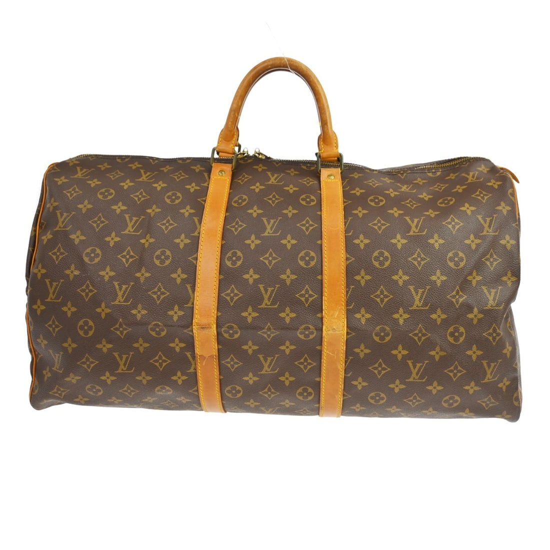 Louis Vuitton Keepall 55 Monogram Canvas Travel Duffle M41424: Louis Vuitton Keepall 55 Monogram Canvas Travel Duffle M41424 Vintage Louis Vuitton Keepall 55 travel handbag in Monogram canvas with leather trim and double handles. This extra-large duffle-style bag
