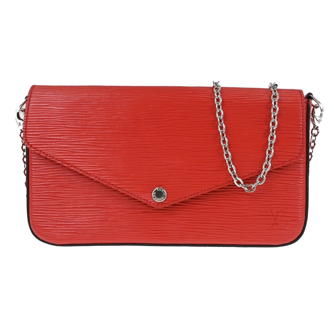Louis Vuitton Pochette Felicie Red Epi Shoulder Bag M41559: Louis Vuitton Pochette Felicie Red Epi Shoulder Bag M41559 Vintage Louis Vuitton Pochette Felicie shoulder bag in red with monogram canvas exterior and red lining. This small bag shows reasonable wear
