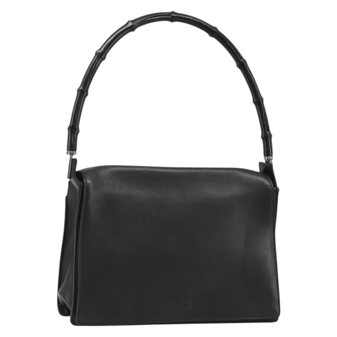 Gucci Bamboo Leather Shoulder Bag Black Silver Italy: Gucci Bamboo Leather Shoulder Bag Black Silver Italy Gucci shoulder bag in black leather with silver-tone exterior details. Made in Italy, this women's bag features an approximate size of 26 cm W x 18