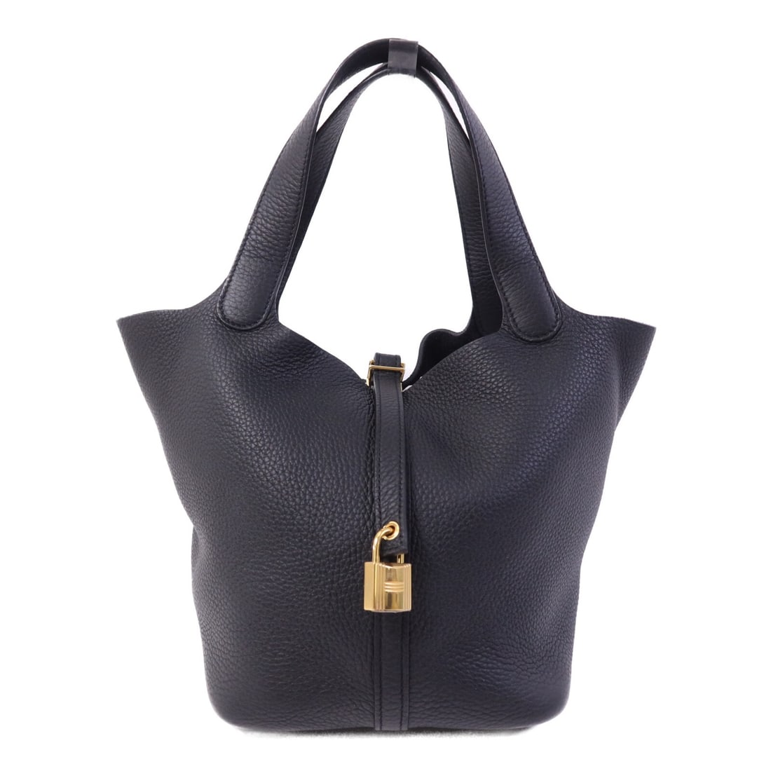 Hermes Picotin MM Noir Taurillon Clemence tote with key Cadena: Hermes Picotin MM Noir Taurillon Clemence tote with key Cadena Hermes Picotin MM tote bag in Noir Taurillon Clemence leather with black frame color. Made in France, this women's tote includes a key an