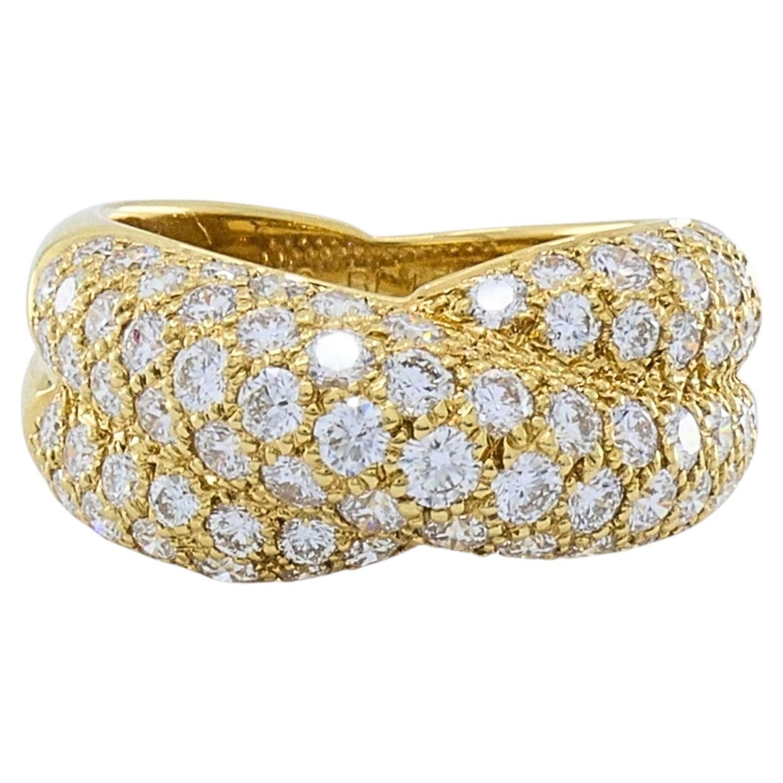 Van Cleef Arpels Bombe Crossover Ring 18k Yellow Gold Diamonds: Van Cleef Arpels Bombe Crossover Ring 18k Yellow Gold Diamonds An 18k yellow gold bombe crossover ring featuring two pave-set diamond bands that intersect at the center and curve around each other in 