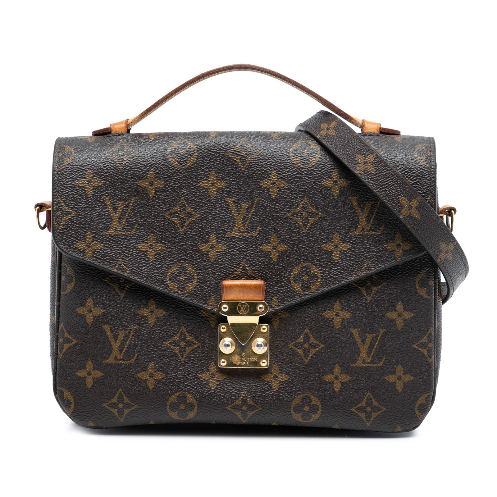 Louis Vuitton Pochette Metis Shoulder Bag in Monogram Canvas: Louis Vuitton Pochette Metis Shoulder Bag in Monogram Canvas This Louis Vuitton Monogram Pochette Metis features the iconic monogram canvas body with a flat vachetta leather top handle and a detachabl