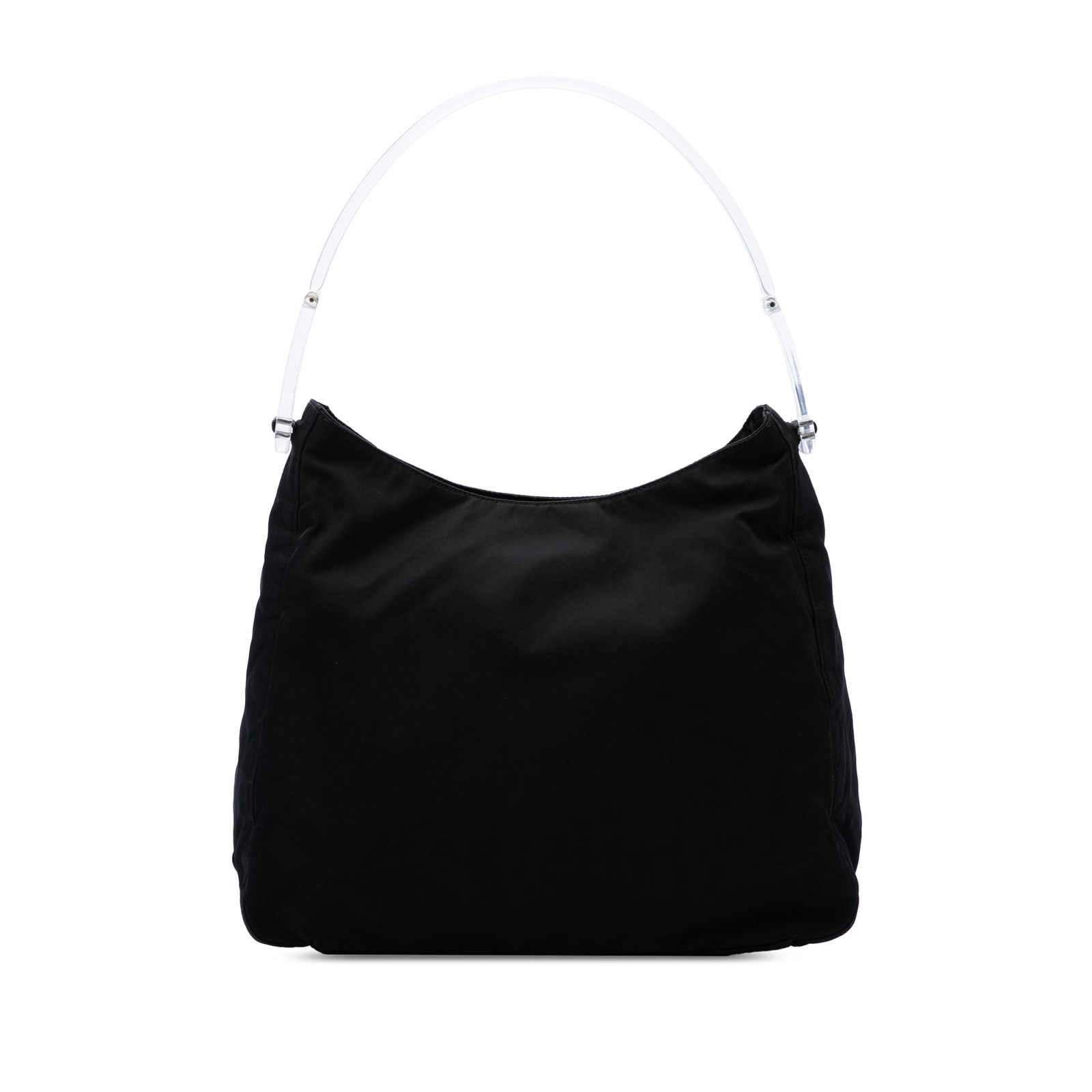 Prada Tessuto shoulder bag with acrylic handle black nylon: Prada Tessuto shoulder bag with acrylic handle black nylon Prada Tessuto Acrylic Handle Bag in black with a nylon body, plastic top handle, open top, and interior zip pocket. Made in Italy. Condition 