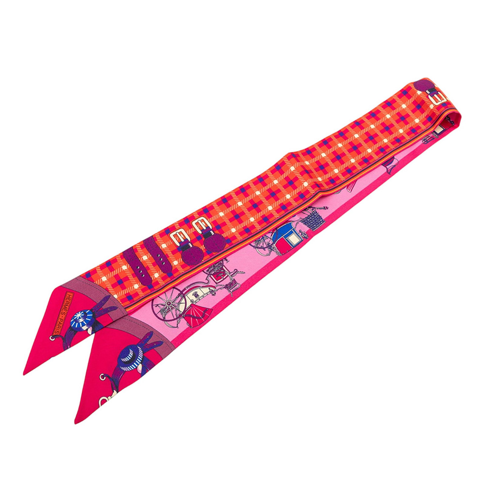 Hermes pink silk Les Voitures Nouvelles twilly scarf: Hermes pink silk Les Voitures Nouvelles twilly scarf This Hermes Les Voitures Nouvelles Twilly scarf is crafted from 100% silk and features a distinctive printed design. Made in France, it comes in a 