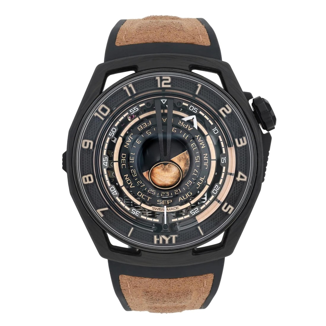 HYT Moon Runner Desert Carbon Titanium 15 Piece Limited Edition Watch H02984-A: HYT Moon Runner Desert Carbon Titanium 15 Piece Limited Edition Watch H02984-A This HYT Moon Runner Desert Carbon Titanium Limited Edition wristwatch is crafted with a carbon fiber case and features a
