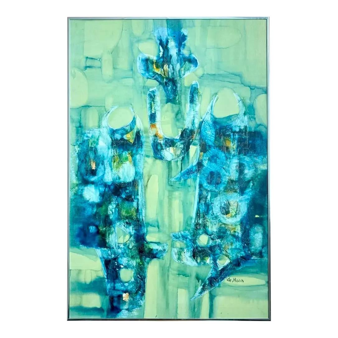 G Hoon Signed Vintage Boho Abstract Oil Painting on Canvas: G Hoon Signed Vintage Boho Abstract Oil Painting on Canvas This vintage oil painting on canvas, signed by the artist G. Hoon, is a stunning representation of mid-century abstract expressionism. Featur