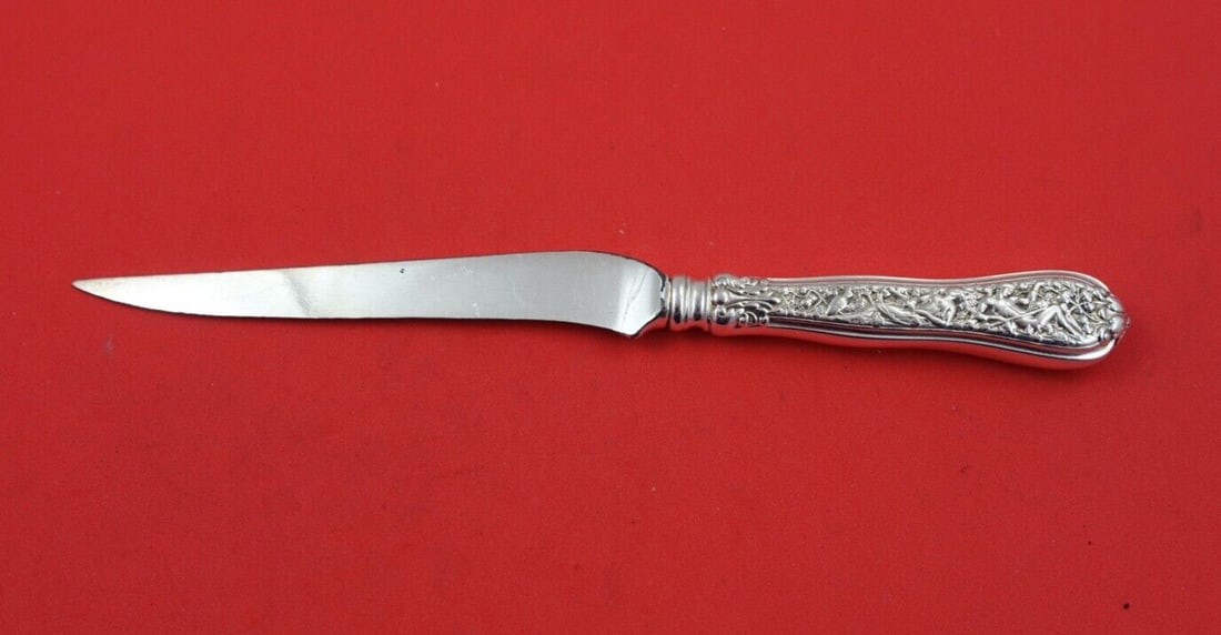 Tiffany & Co Olympian Sterling Silver Game Knife 8 inch Plated Blade: Tiffany & Co Olympian Sterling Silver Game Knife 8 inch Plated Blade Discover the exquisite Olympian Game Knife by Tiffany & Co., crafted from high-quality sterling silver. This elegant knife features