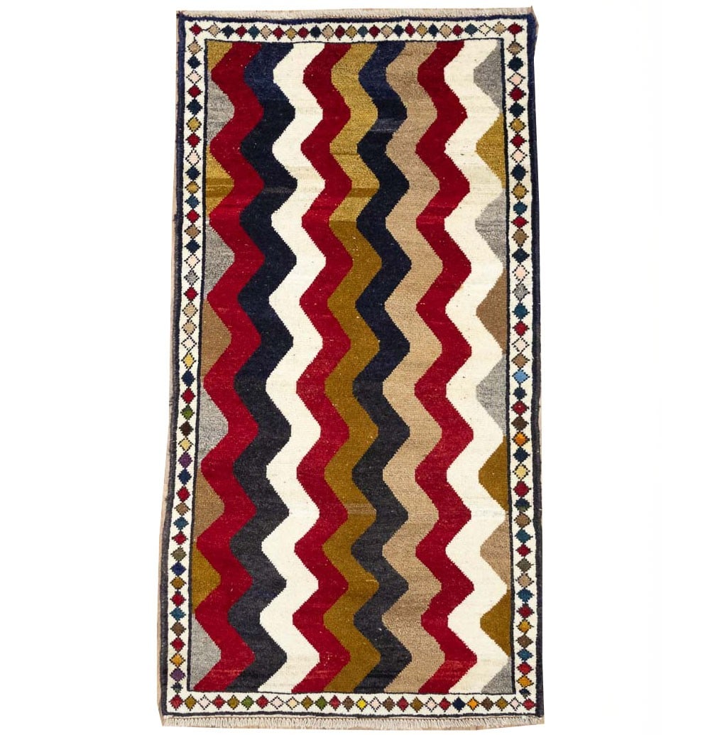 Hand Knotted Wool Tribal Entryway Rug 2'7 x 4'10 Multicolor: Hand Knotted Wool Tribal Entryway Rug 2'7 x 4'10 Multicolor Semi-antique handmade tribal Oriental rug with a distressed striped design and multicolored palette. Hand-knotted in wool, this rectangular 