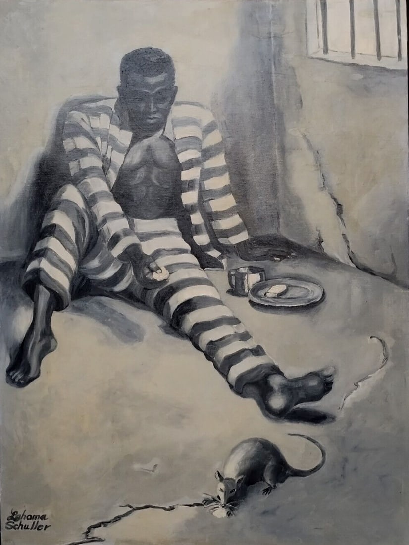Unframed grisaille oil painting of prisoner signed Lahoma Schuller: Unframed grisaille oil painting of prisoner signed Lahoma Schuller Vintage original oil painting depicting a prisoner in a scene of despair, rendered in grisaille monochrome. This unframed work presen