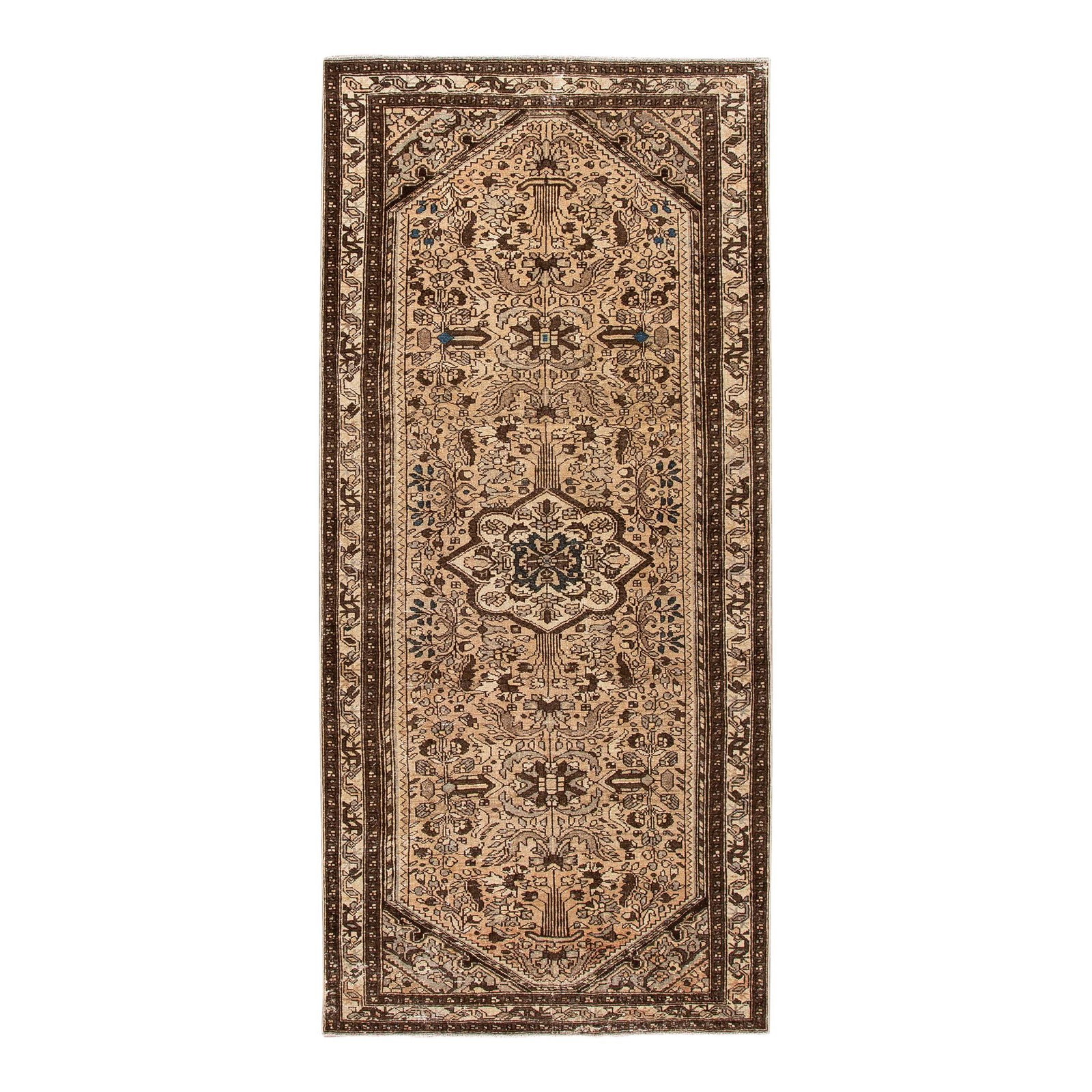 1960s Handmade Persian Wool Runner Distressed Brown 4'09 x 10'05: 1960s Handmade Persian Wool Runner Distressed Brown 4'09 x 10'05 This vintage Persian runner showcases a rich brown field highlighted by a beige frame and delicate blue accents in an all-over design. 