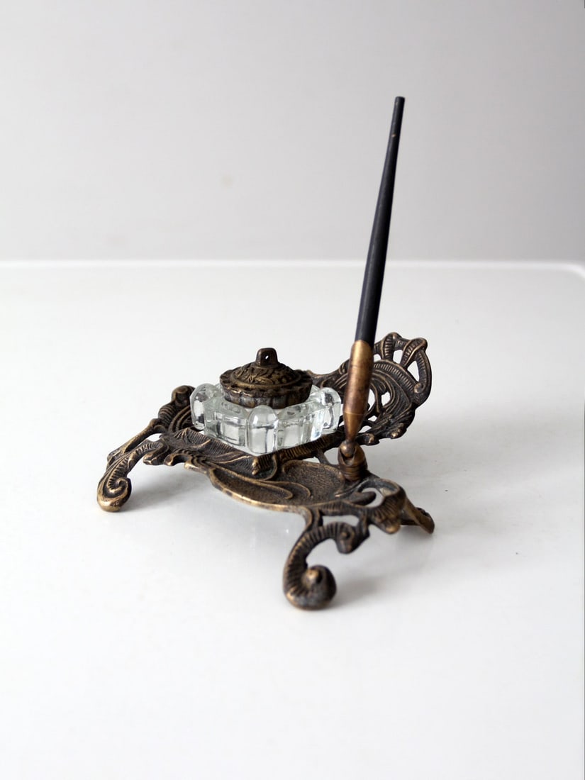 Vintage 1940s Art Nouveau Brass Inkwell and Pen Desk Set (1 of 13)