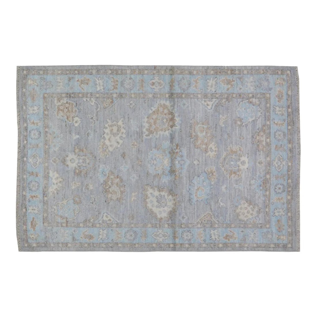 4'1 x 6'1 Wool Rug Floral Pattern Hand Knotted Oushak Style: 4'1 x 6'1 Wool Rug Floral Pattern Hand Knotted Oushak Style This Oushak hand-knotted wool rug features a fine weave and natural colors with a floral design. The rug is crafted in a light gray tone and