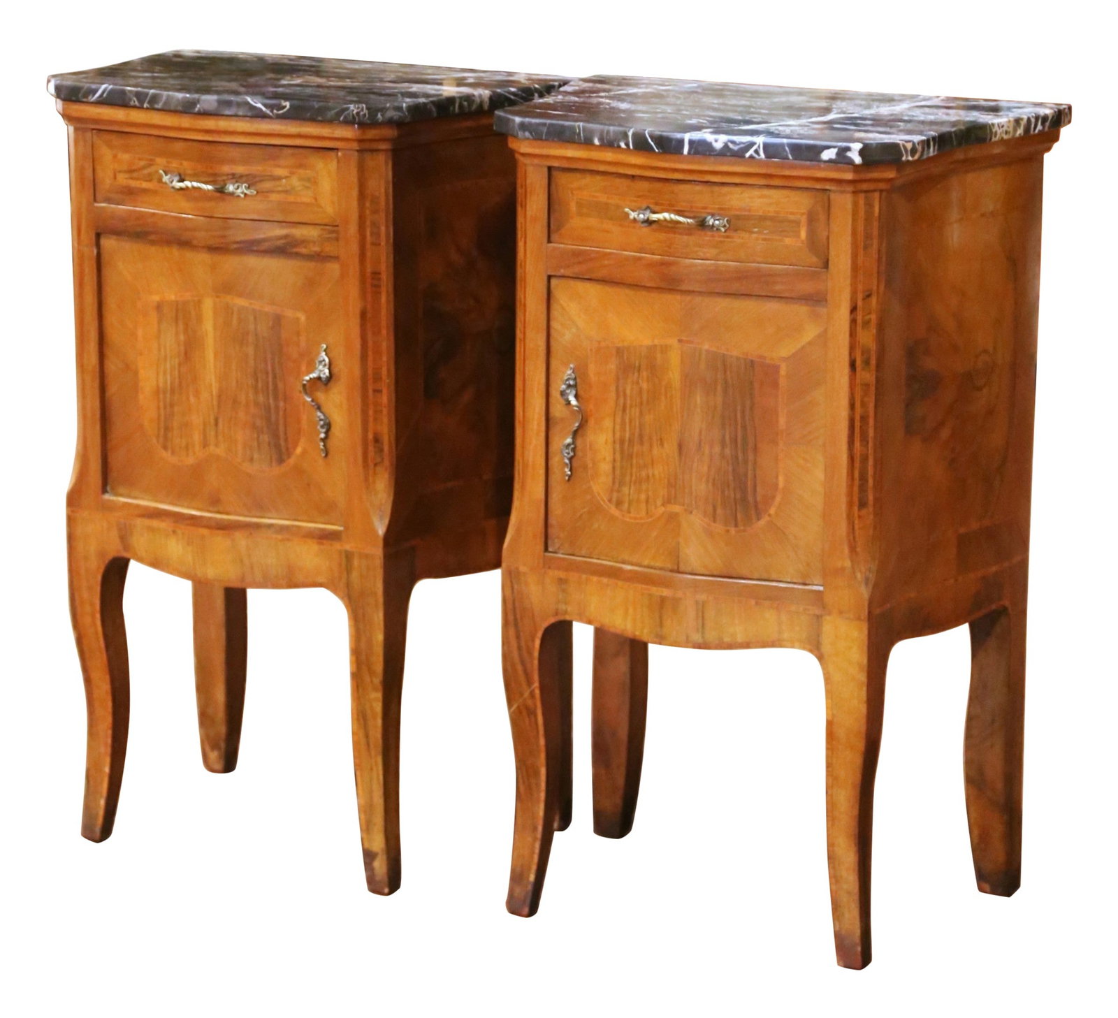 Set of 2 French Louis XV walnut nightstands with marble tops (1 of 12)