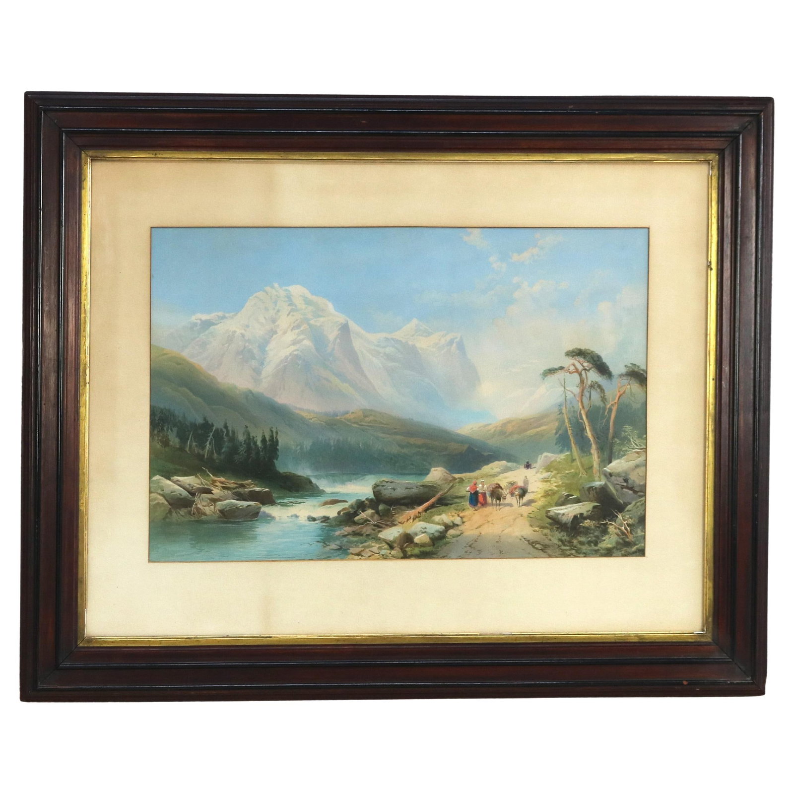 Antique Italian Watercolor Landscape C1890 Ebonized Walnut Frame 30.25x37.75: Antique Italian Watercolor Landscape C1890 Ebonized Walnut Frame 30.25x37.75 This exquisite antique Italian watercolor landscape scene, dating back to circa 1890, showcases a tranquil mountainous land