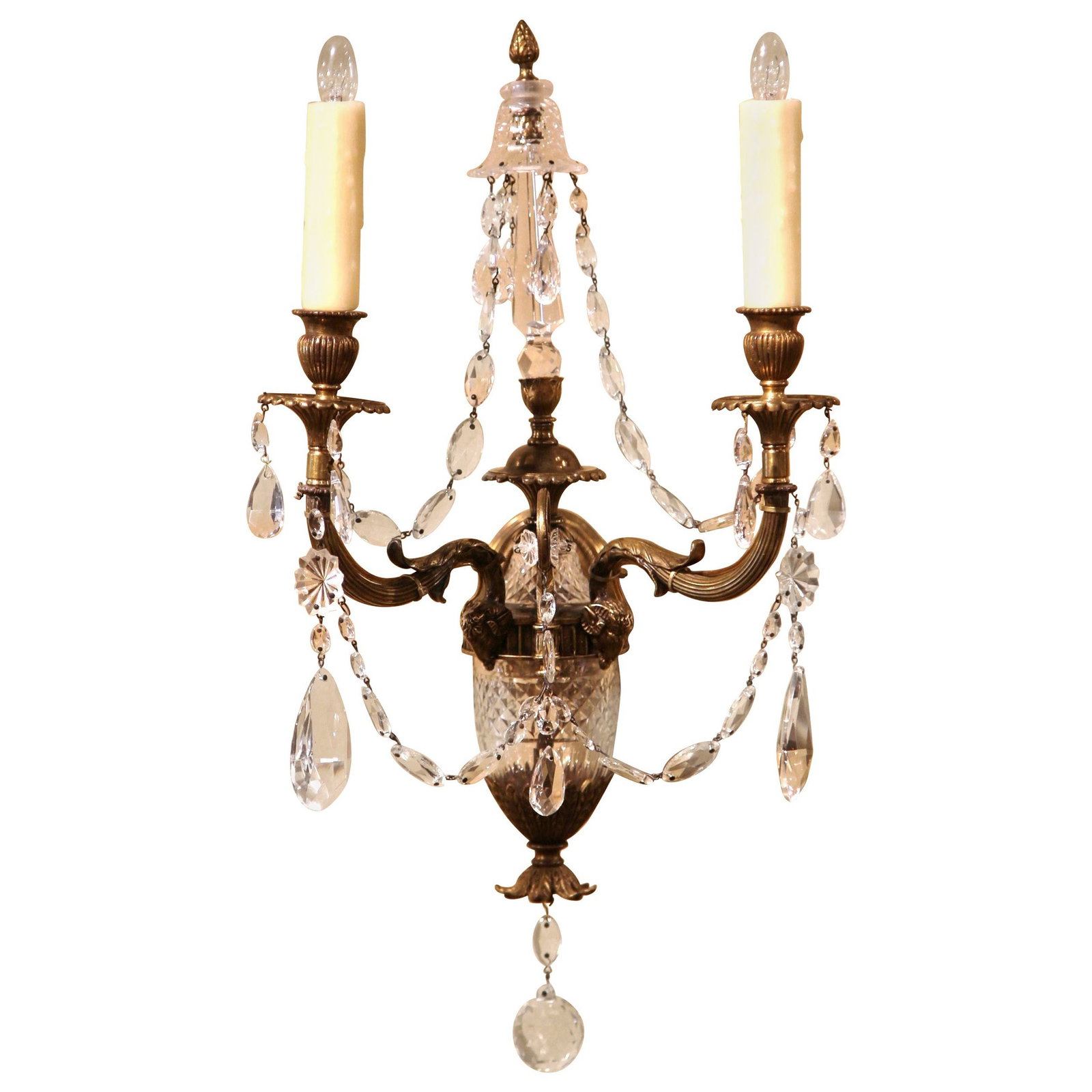 Antique Louis XVI Bronze and Cut Glass Two-Light Wall Sconce France 1880: Antique Louis XVI Bronze and Cut Glass Two-Light Wall Sconce France 1880 Illuminate your home with this exquisite 19th Century French Louis XVI bronze and crystal two-light wall sconce, crafted circa 