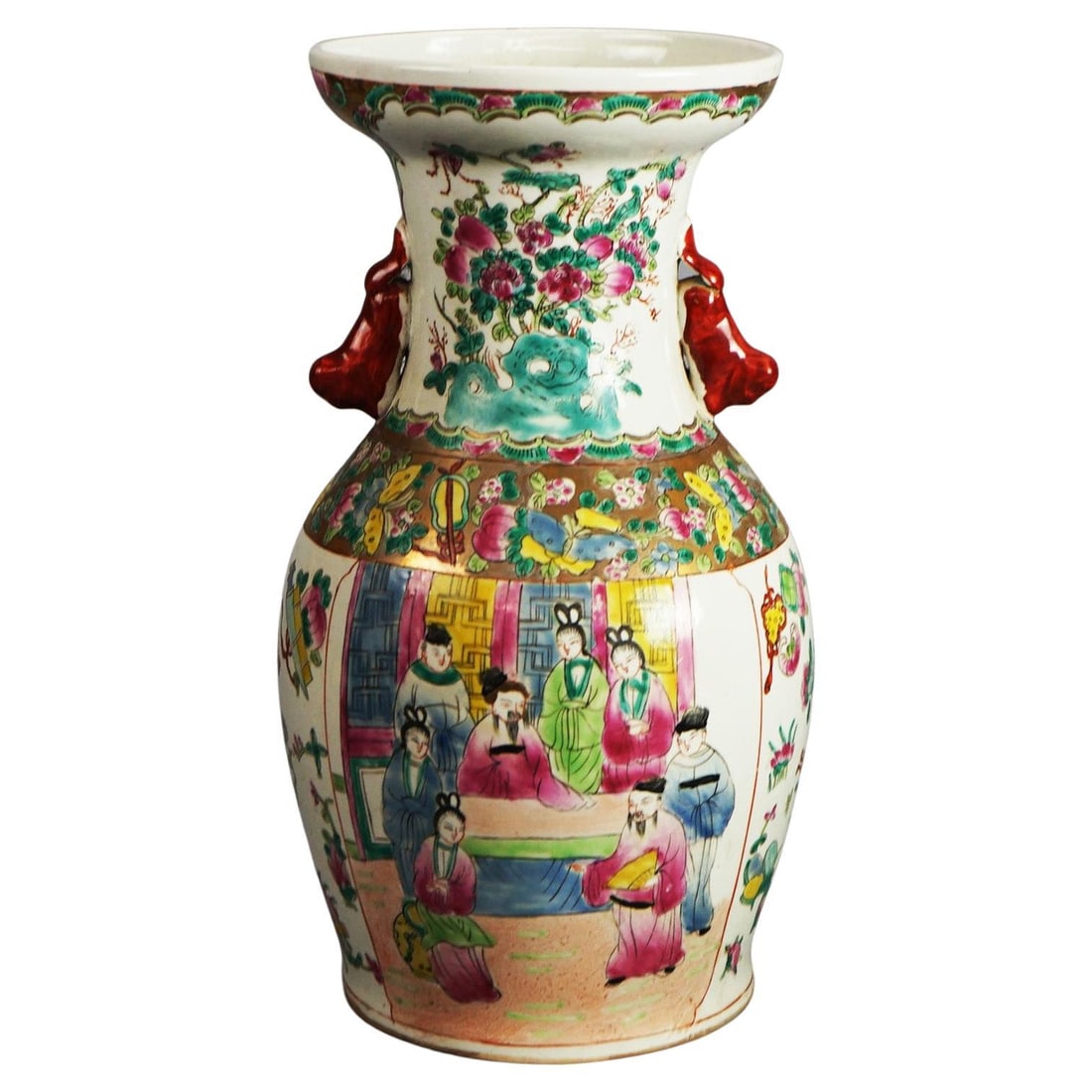 Vintage Chinese Porcelain Vase C1930 with Genre Scene and Garden Flowers: Vintage Chinese Porcelain Vase C1930 with Genre Scene and Garden Flowers This exquisite vintage Chinese porcelain vase, crafted circa 1930, showcases intricate hand-painted genre scenes alongside vibr