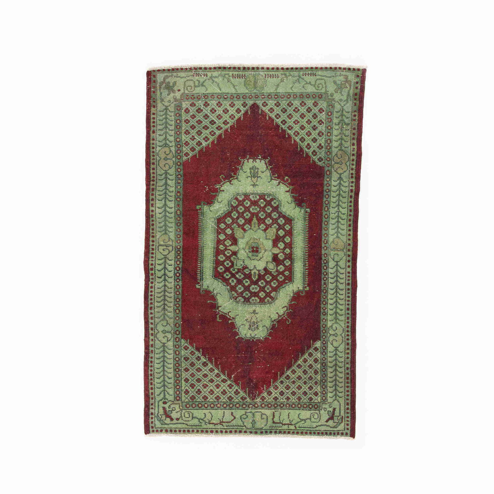Vintage Handmade Wool on Cotton Carpet 45.7 x 78.7 Red Green: Vintage Handmade Wool on Cotton Carpet 45.7 x 78.7 Red Green This authentic handmade vintage carpet is crafted from high-quality wool on cotton, showcasing exquisite craftsmanship. The carpet features