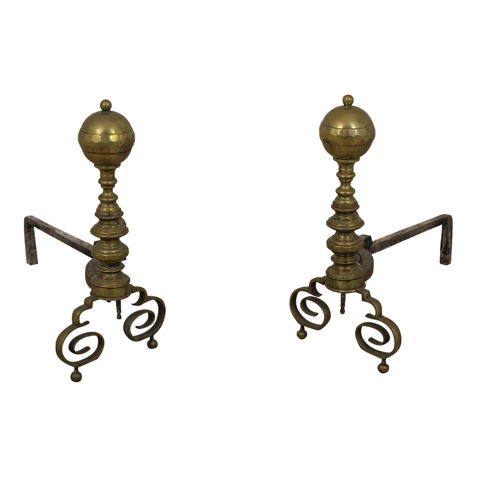 Antique Brass Andirons 18th Century Style Pair with Scrolled Feet: Antique Brass Andirons 18th Century Style Pair with Scrolled Feet This exquisite pair of antique brass andirons, styled in the traditional 18th-century design, showcases high-quality construction with