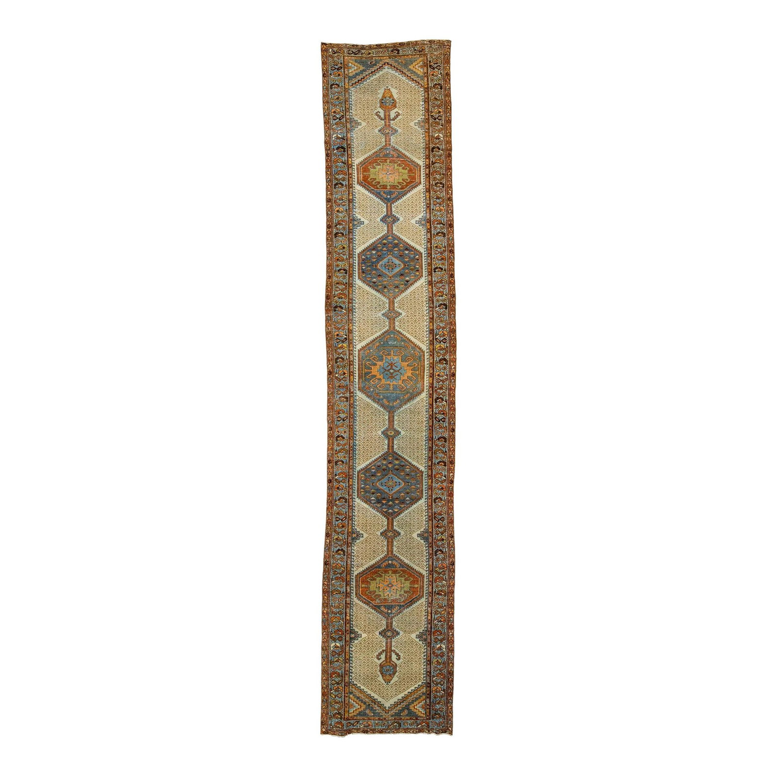 Antique 1920s Hamadan Persian Wool Runner Beige Medallion Design 3'3 x 16'5: Antique 1920s Hamadan Persian Wool Runner Beige Medallion Design 3'3 x 16'5 Discover this exquisite antique Persian hand-knotted wool runner from the 1920s, featuring a beautiful beige color field ado