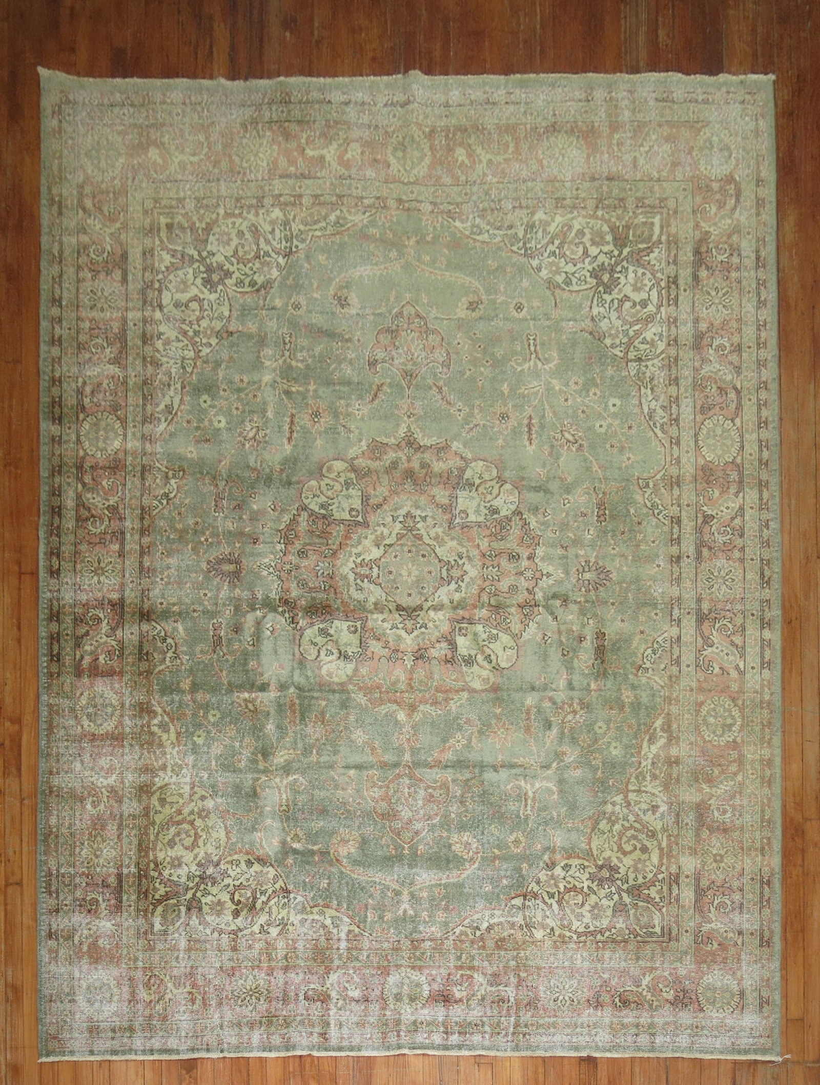 8' 2" x 10' Mid Century Turkish Rug in Green: 8' 2" x 10' Mid Century Turkish Rug in Green Mid-century Turkish rug in a green colorway with a shabby chic style. This pre-owned room rug offers a classic Turkish look for interior decor. Specificati