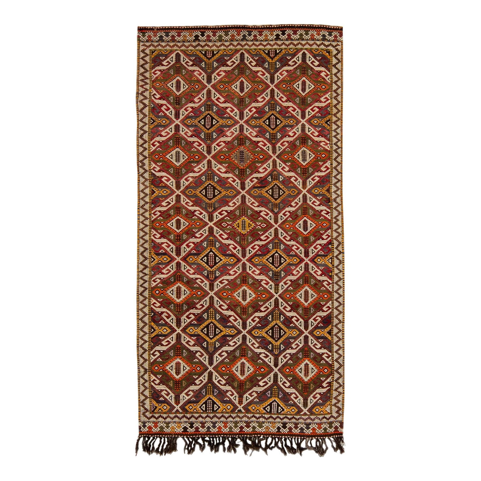 Vintage Indian Sumack Handmade Wool Rug 5'2 x 10'5 Brown Geometric Design: Vintage Indian Sumack Handmade Wool Rug 5'2 x 10'5 Brown Geometric Design This stunning vintage Indian Sumack rug features a beautifully hand-knotted wool construction, showcasing a rich brown field a