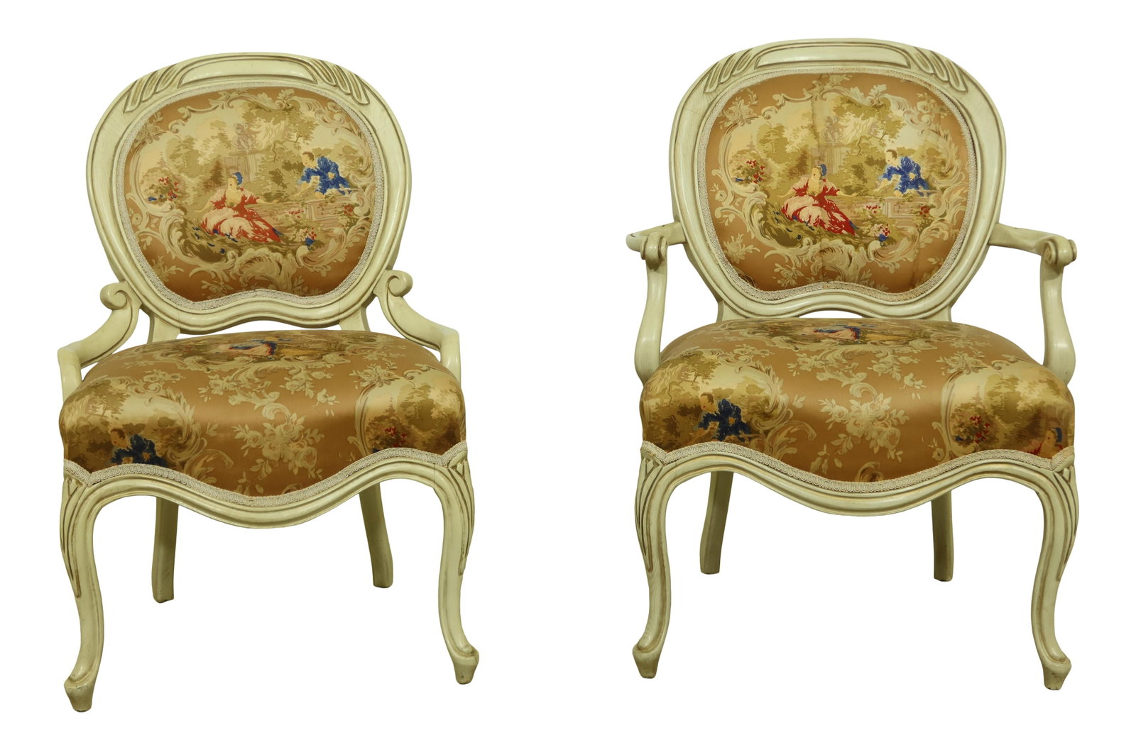 Elegant Statesville Victorian His & Hers Parlor Chairs Pair: Elegant Statesville Victorian His & Hers Parlor Chairs Pair This elegant pair of French Victorian style parlor chairs features a sophisticated off-white upholstery and is approximately 30 years old. T