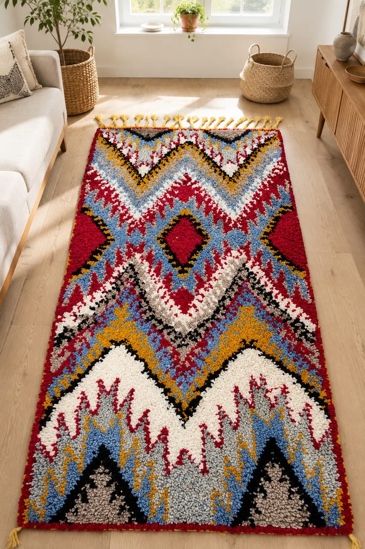 159 cm x 78 cm Handmade Moroccan Berber Wool Geometric Rug: 159 cm x 78 cm Handmade Moroccan Berber Wool Geometric Rug Handmade Moroccan Berber wool rug featuring a colorful geometric design in raspberry red, sky blue, ivory, golden yellow, and black. This han