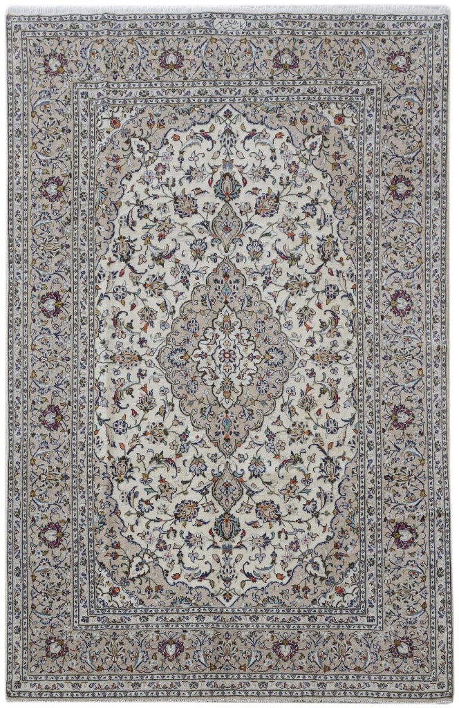 Ivory Persian Signed Kashan Rug 6'7 x 10'1 Handcrafted Silk-like Pile: Ivory Persian Signed Kashan Rug 6'7 x 10'1 Handcrafted Silk-like Pile Free continental US Shipping Experience the timeless elegance of this handcrafted Ivory Persian Kashan Rug, measuring 6' 7" x 10' 