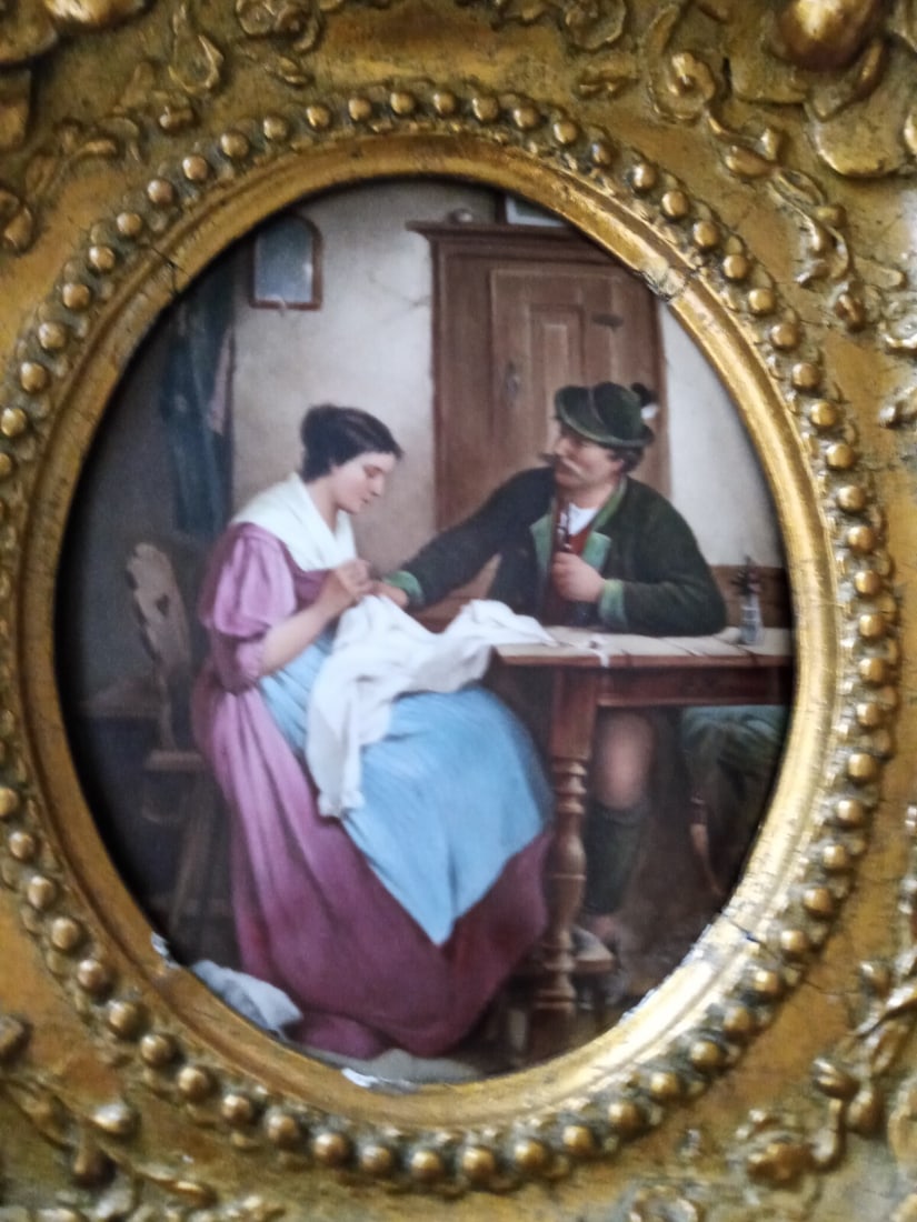 Framed Antique German Porcelain Oval Plaque Interior Scene Signed: Framed Antique German Porcelain Oval Plaque Interior Scene Signed Antique German oval porcelain plaque featuring a hand-painted genre interior scene in a realism style. This original KPM-era piece is 
