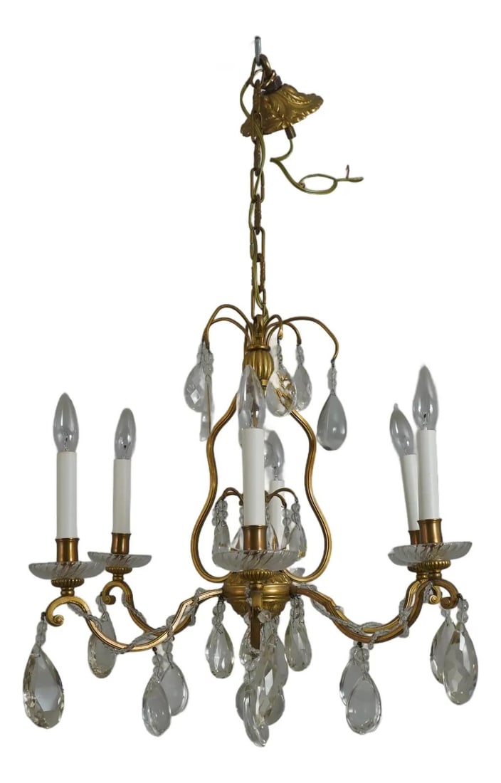 French Crystal Bronze Chandelier with Six Arms and Prism Accents Circa 1930s (1 of 7)