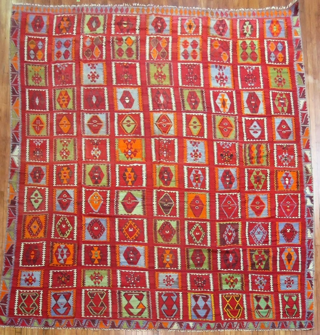 11' 1" x 14' 1" Early 20th Century Anatolian Room Size Kilim: 11' 1" x 14' 1" Early 20th Century Anatolian Room Size Kilim Early 20th century antique Turkish Kilim in an oversize, room-size Anatolian format. This pre-owned woven textile features a colorful geome
