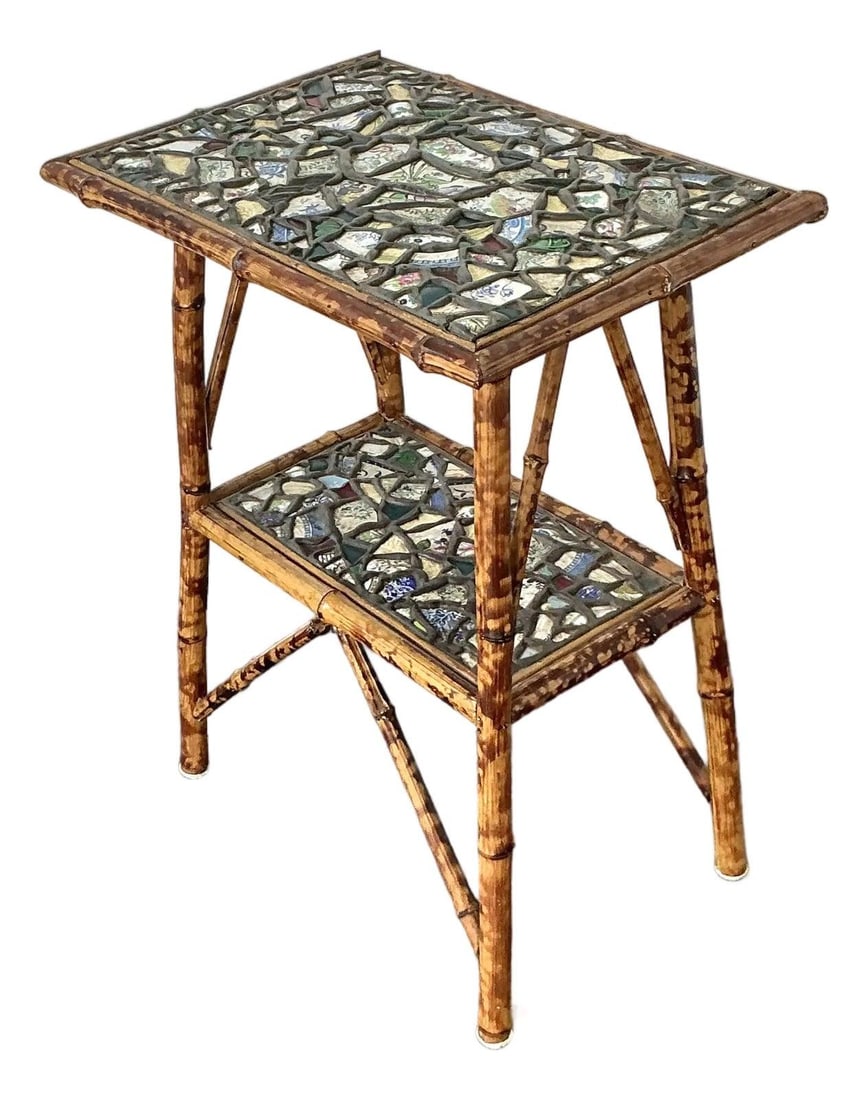Bamboo Mosaic Side Table With Blue and White Porcelain Inlay: Bamboo Mosaic Side Table With Blue and White Porcelain Inlay This vintage side table showcases "Pique Assiette" mosaic artistry, featuring a boho-inspired design with Chinoiserie influences. The two-t