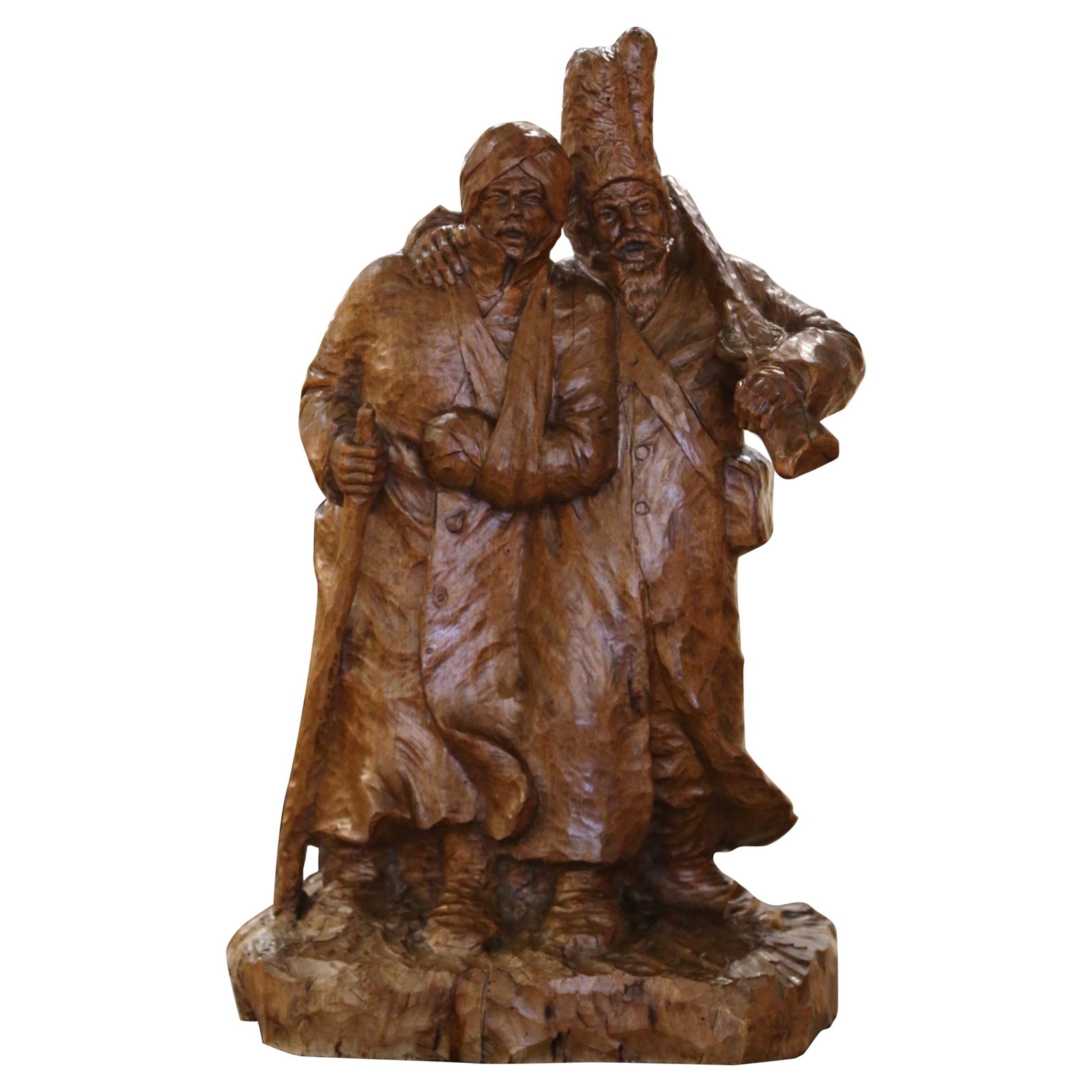 Antique Swiss Walnut Sculpture by Carl Binder 1912: Antique Swiss Walnut Sculpture by Carl Binder 1912 This exquisite early 20th-century sculpture composition, crafted from a single block of walnut wood, is signed by Swiss artist Carl Binder and dated 