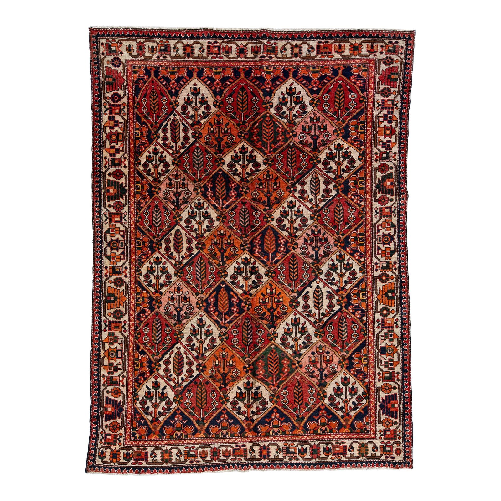 Vintage Persian Bakhtiari Handmade Wool Rug Red Medallion 7' x 9'8: Vintage Persian Bakhtiari Handmade Wool Rug Red Medallion 7' x 9'8 Discover a stunning vintage Persian Bakhtiari hand-knotted wool rug, showcasing a striking red color field. This exquisite piece feat