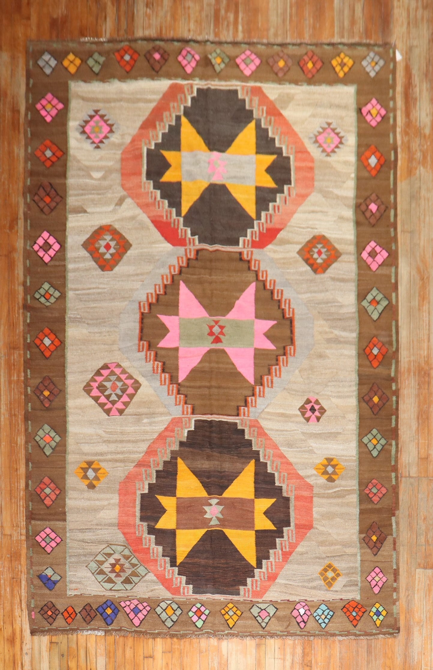 7' 6" x 13' 8" Vintage Turkish Kilim Gallery Rug: 7' 6" x 13' 8" Vintage Turkish Kilim Gallery Rug Vintage Turkish wide gallery kilim rug featuring a colorful design. This pre-owned piece is identified as a kilim and is suitable for gallery or room u