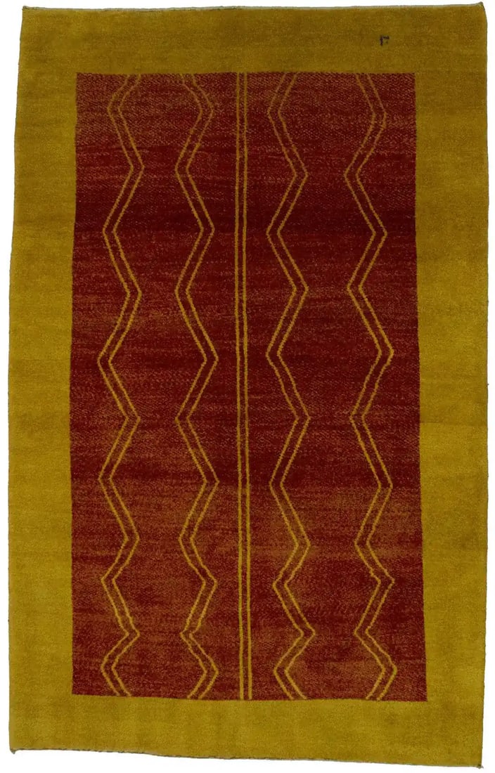 Hand-Knotted Wool Area Rug 4'9 x 7'7 Modern Signed Gabbeh Tribal Design: Hand-Knotted Wool Area Rug 4'9 x 7'7 Modern Signed Gabbeh Tribal Design This is a hand-knotted Gabbeh Oriental rug featuring a plush high pile with a tribal border design in scarlet red, gold, and add