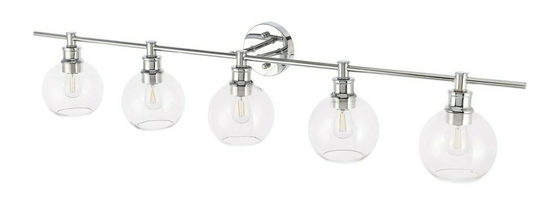 Collier 5 Light Chrome Wall Sconce 47 in Clear Glass: Collier 5 Light Chrome Wall Sconce 47 in Clear Glass Modern 5-light wall sconce from the Collier collection with a polished chrome finish and clear round glass shades. Designed for indoor hardwired in