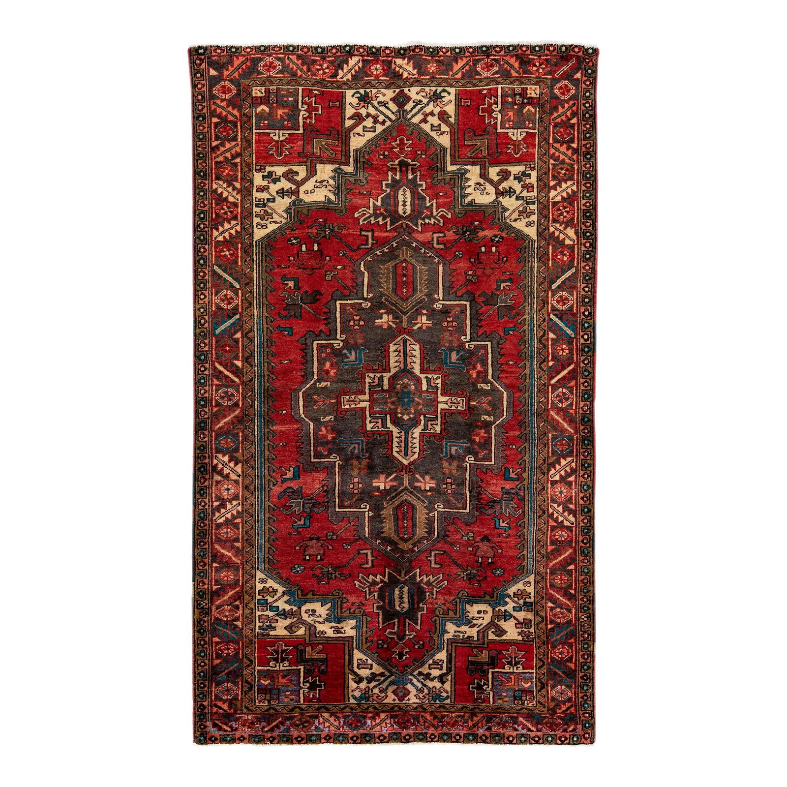 Vintage Handmade Heriz Red Geometric Wool Rug 4'6 X 7'10 (1 of 10)