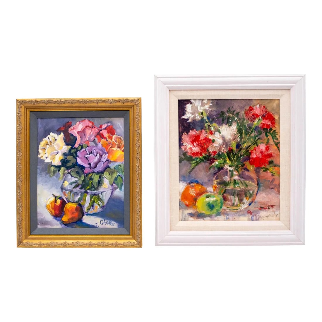Artist Signed Pair of J Glass Nancy Barch Still Life Oil Paintings: Artist Signed Pair of J Glass Nancy Barch Still Life Oil Paintings This exquisite pair of still life oil paintings by renowned artists Nancy Barch and J. Glass showcases vibrant fruit and flower compo
