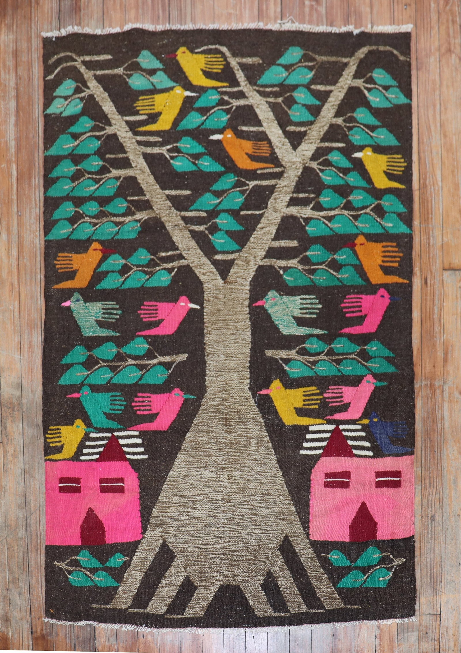 3' 2" x 4' 8" Tribal Pictorial Kilim Flatweave Rug: 3' 2" x 4' 8" Tribal Pictorial Kilim Flatweave Rug Mid 20th century tribal pictorial flatweave kilim in a small format. The design is described as a pictorial kilim, and the item is in pre-owned condi