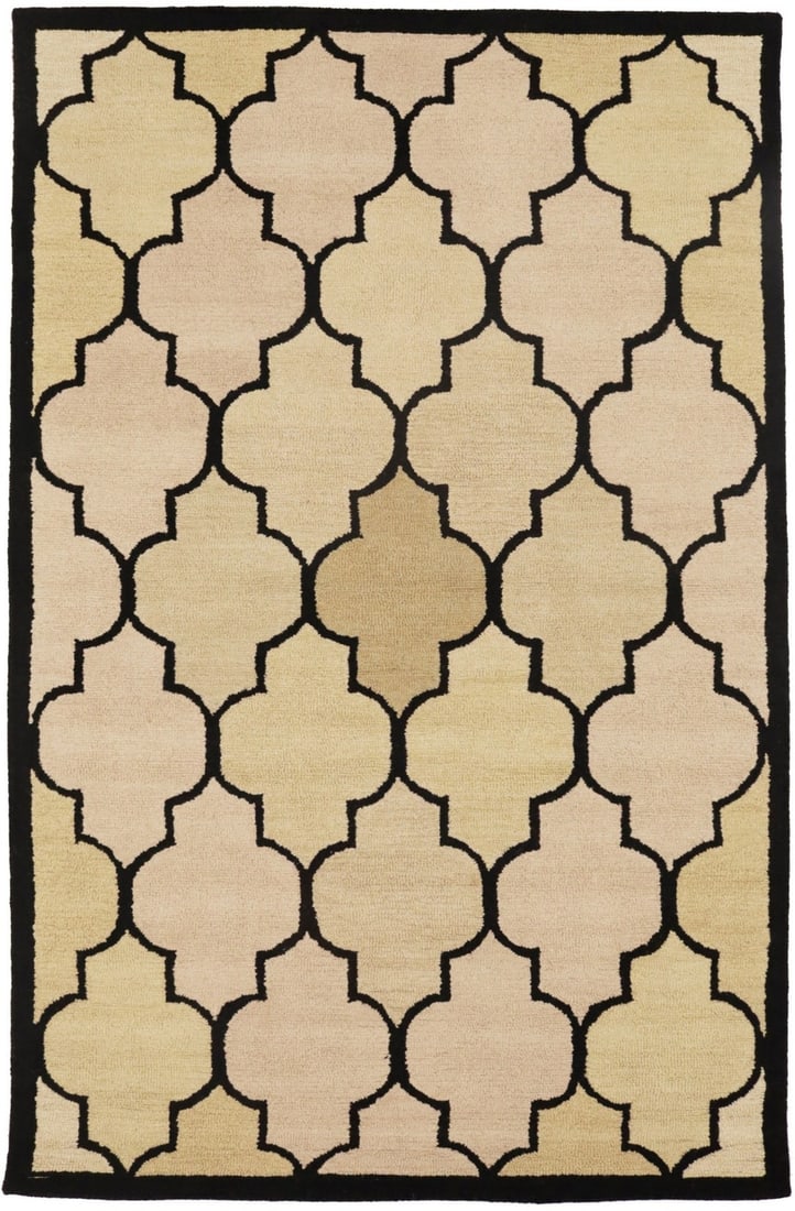 Modern Hand-Tufted Wool Area Rug 5x8 Trellis Pattern in Cream and Black: Modern Hand-Tufted Wool Area Rug 5x8 Trellis Pattern in Cream and Black This contemporary area rug features a modern trellis pattern in cream, black, and beige tones. Hand-tufted from wool, it offers 