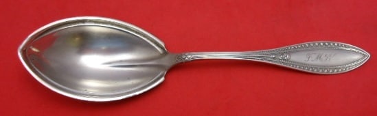 Whiting Indian Sterling Silver Preserve Spoon 7.5" Monogrammed: Whiting Indian Sterling Silver Preserve Spoon 7.5" Monogrammed Discover this exquisite Preserve Spoon crafted from sterling silver in the renowned Indian pattern by Whiting. This 7 1/2" long spoon sho