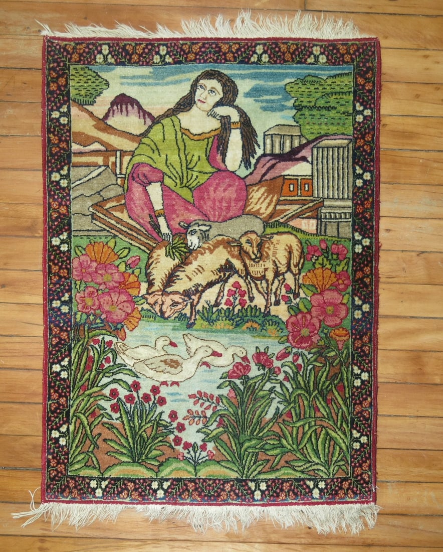 2' x 2' 8" Early 20th Century Persian Kerman Pictorial Yastik (1 of 7)