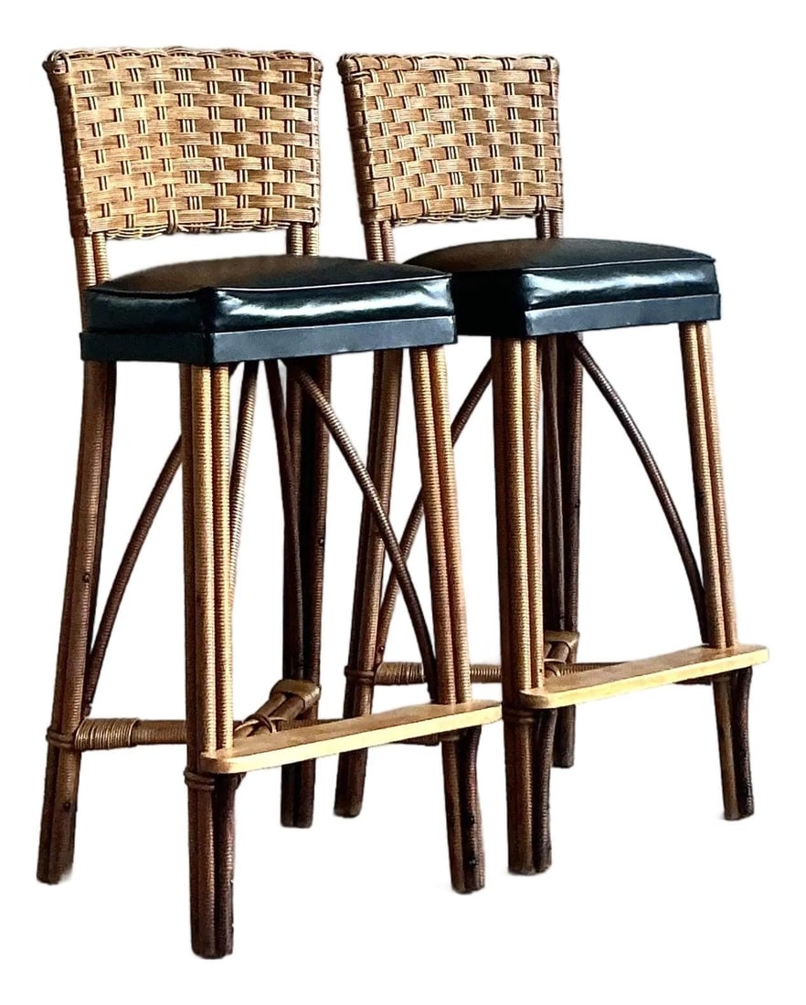 Vintage Woven Rattan Bar Stools Pair Coastal Charm (1 of 9)